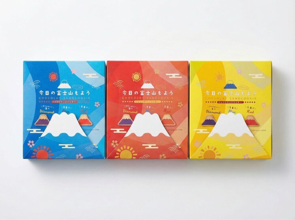 今日の富士山もようチョコサンドクッキーのカラフルな3種パッケージセット｜山梨土産

