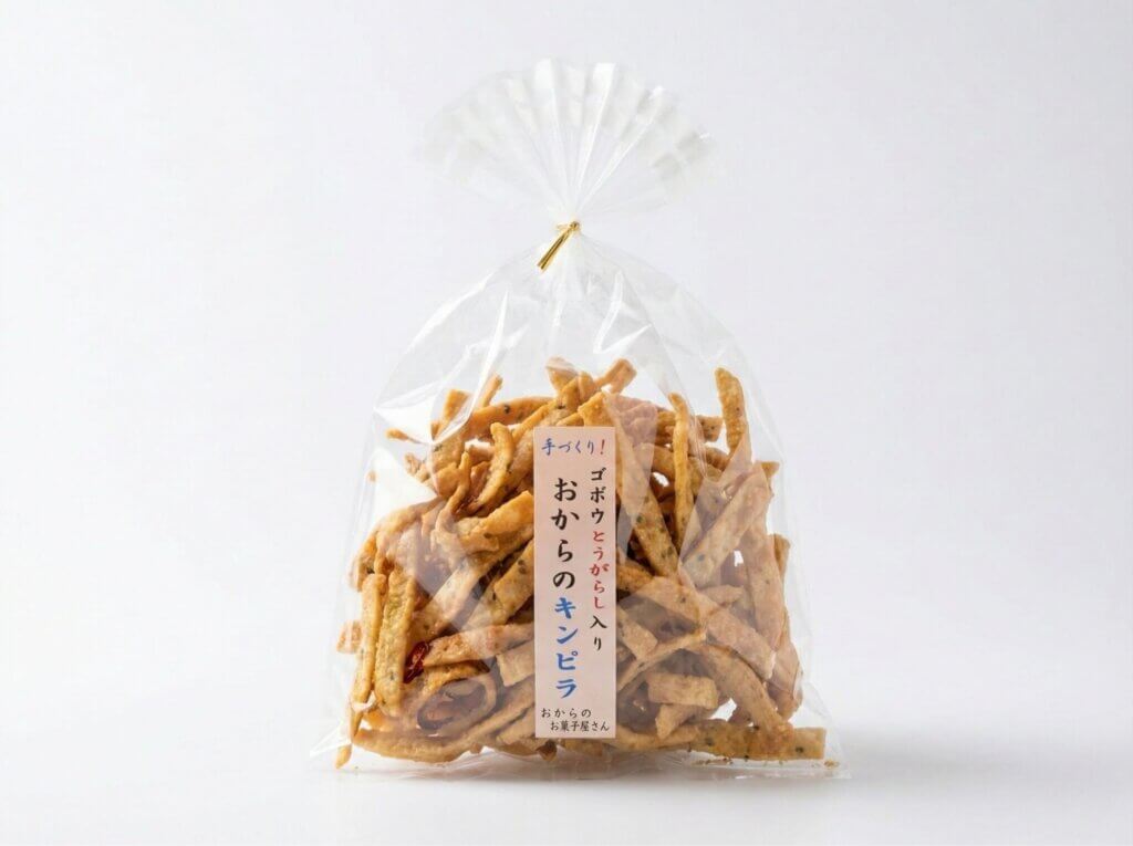 山梨産おから使用のキンピラ風スナック（ごぼうと唐辛子入り）
