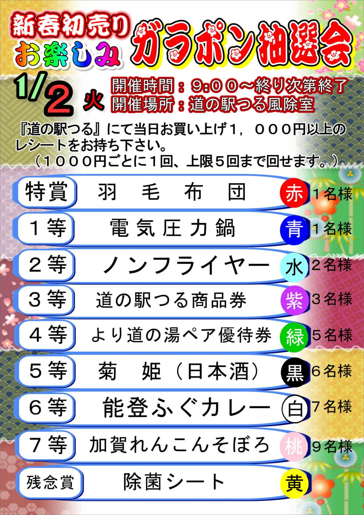 令和7年1月2日午前9時から新春ガラポン抽選会！福袋販売！おしるこの振舞いも！